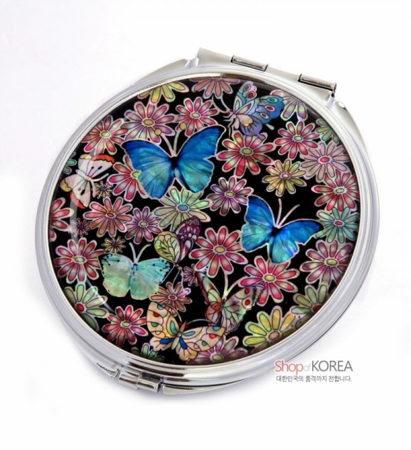 손거울大-청나비 - 화려한 꽃밭위에 푸른색 나비의 조화