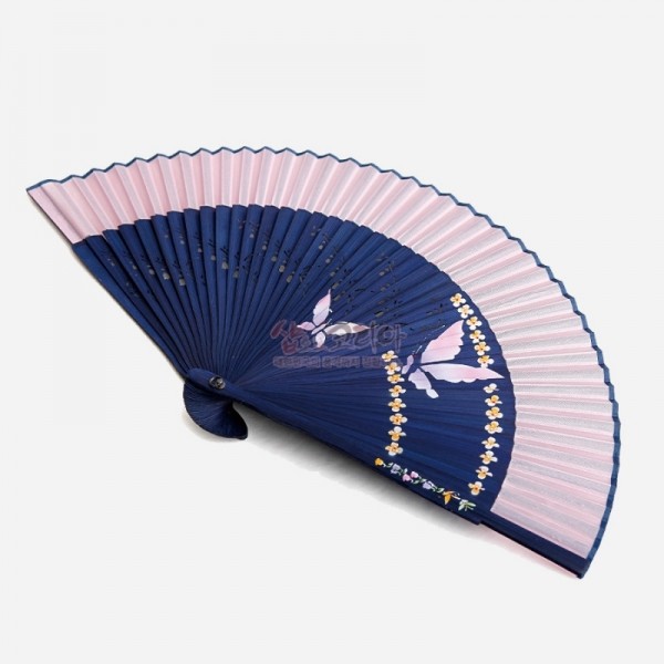 실크수공부채 [남색대/분홍색날] - 아름다운 디자인 한국 전통 부채