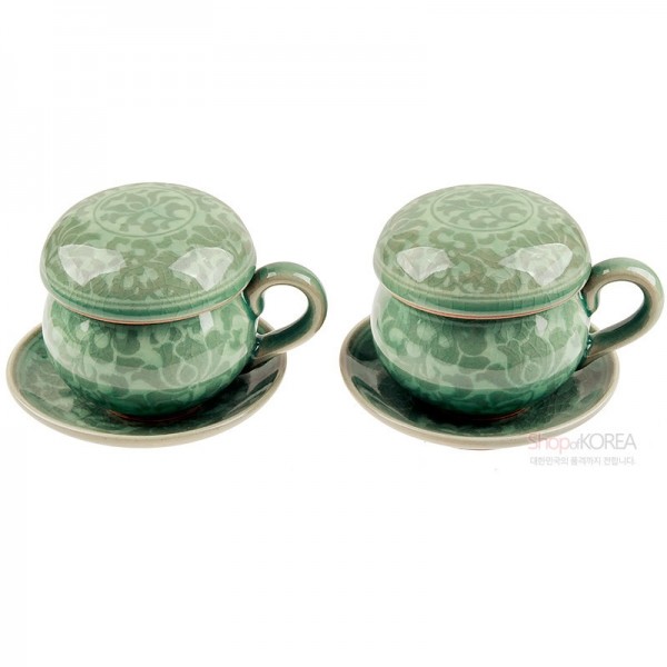 청자백상감 목단다기잔세트 - 아름다운 청자 위에 목단꽃 무늬로 디자인한 다기세트입니다.고풍스러운 멋이 돋보이는 도자기로 집들이, 외국인 이웃, 특별한 분을 위한 선물로 추천합니다.