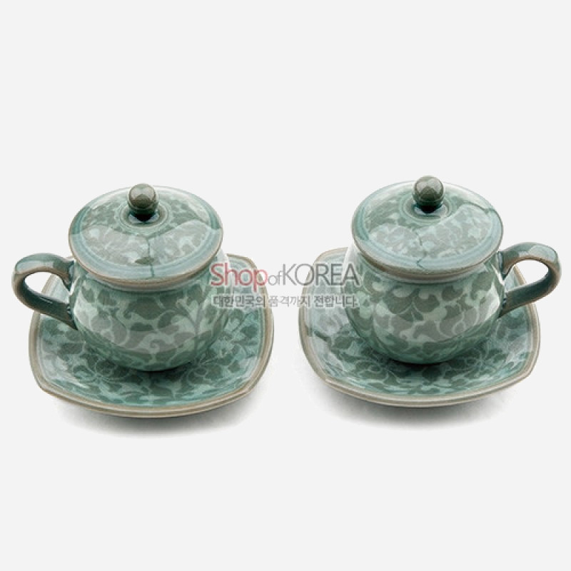 비색청자 찻잔 2인 세트 - 목단