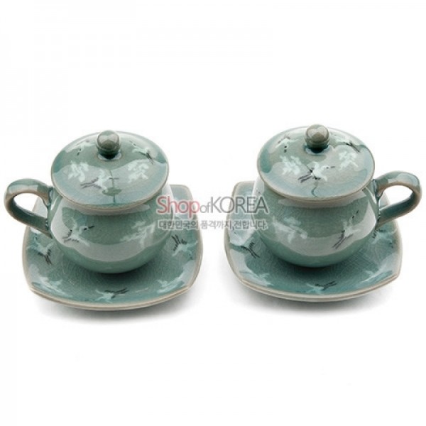 비색청자 찻잔 2인 세트 - 운학 - 